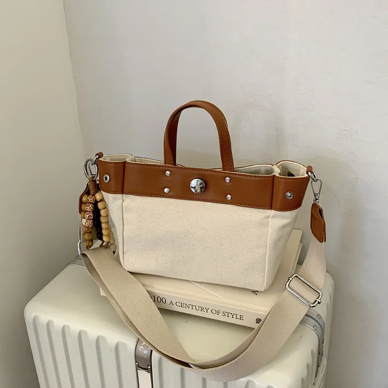 

Casual Canvas Tote Shoulder Bag Top Handle Women Handbags PU Leather Patchwork Crossbody Bag NEW Small Wide Strap Shopper Purses