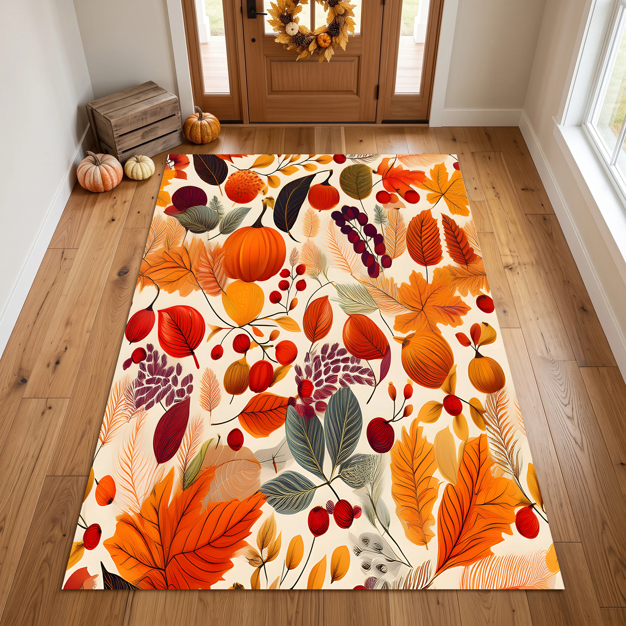 Velvet Rug All over Pumpkin Autumn Leaf Berry Print Retro Warm Tone for Living Room Bedroom Entryway Decor