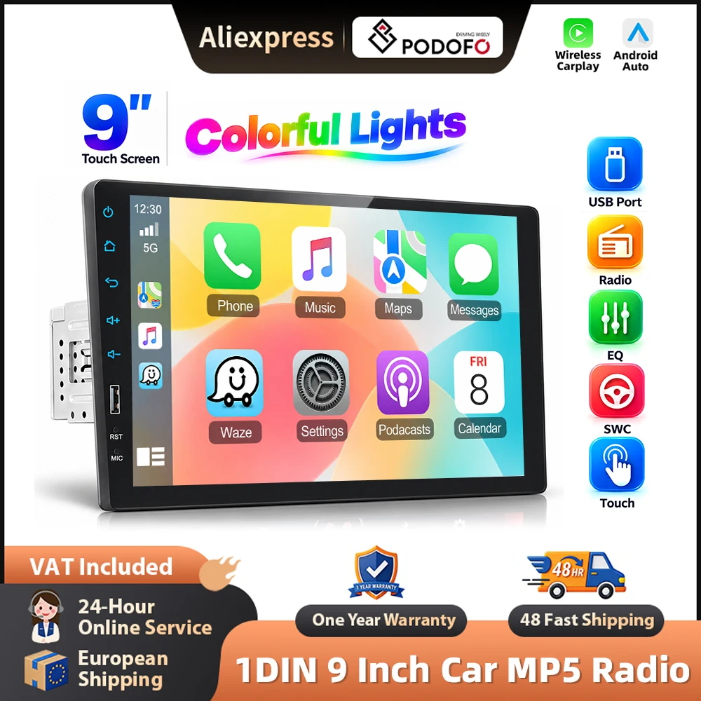 Podofo 9'' Autoradio Universale con Carplay Wireless e Android Auto, Lettore Multimediale MP5, BT, FM, 1din, Unità Principale, SWC, Sistemi Intelligenti per Auto, Stereo Multimediale, EQ, Mirrorlink,