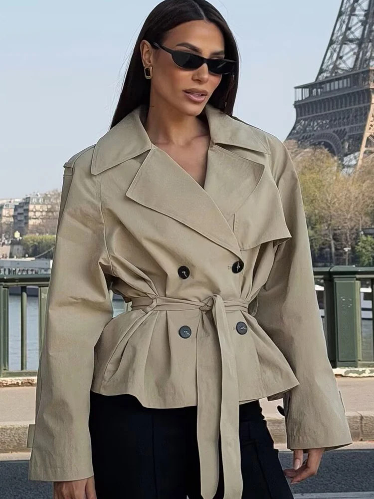 

TFMLN 2026 New Women's British Style Trench Coat Lapel Double-breasted Belt Casual Loose Long Sleeve Short Windbreaker Fashion