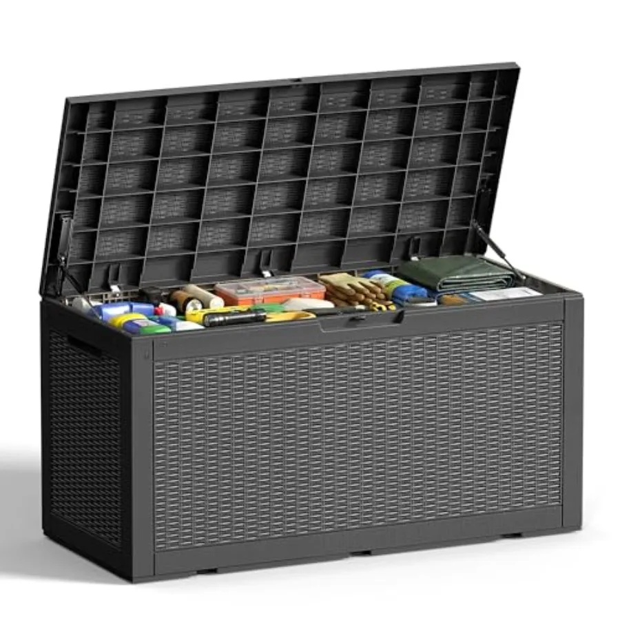 100-Gallon Outdoor Storage Box in Black Rattan Style Weatherproof Resin Deck Box for Patio Yard Garden with Lockable Lid Hydrau
