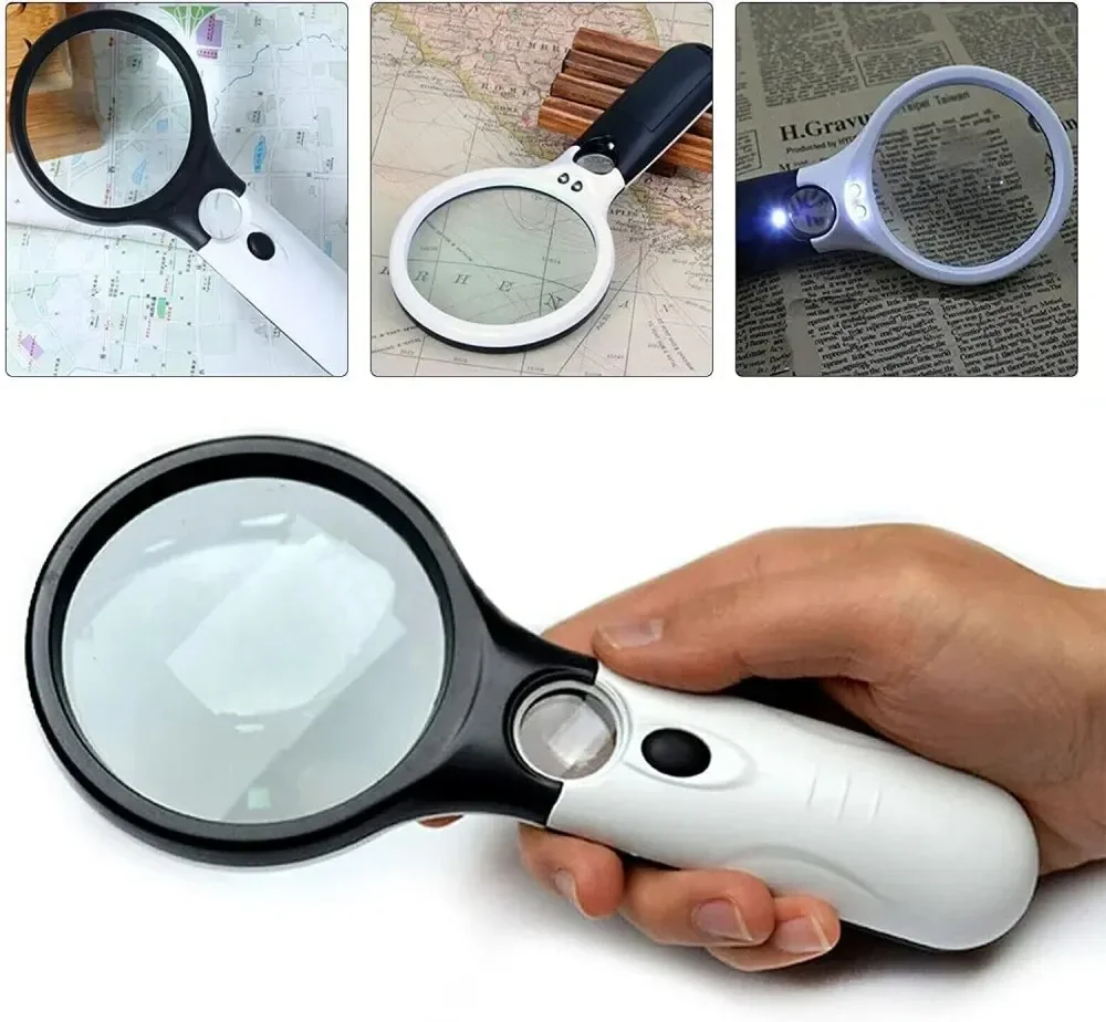 White Magnifying Glass Handheld 45X Magnifier With 3 LED Light For Reading Magnifying Glass Jewelry Loupe