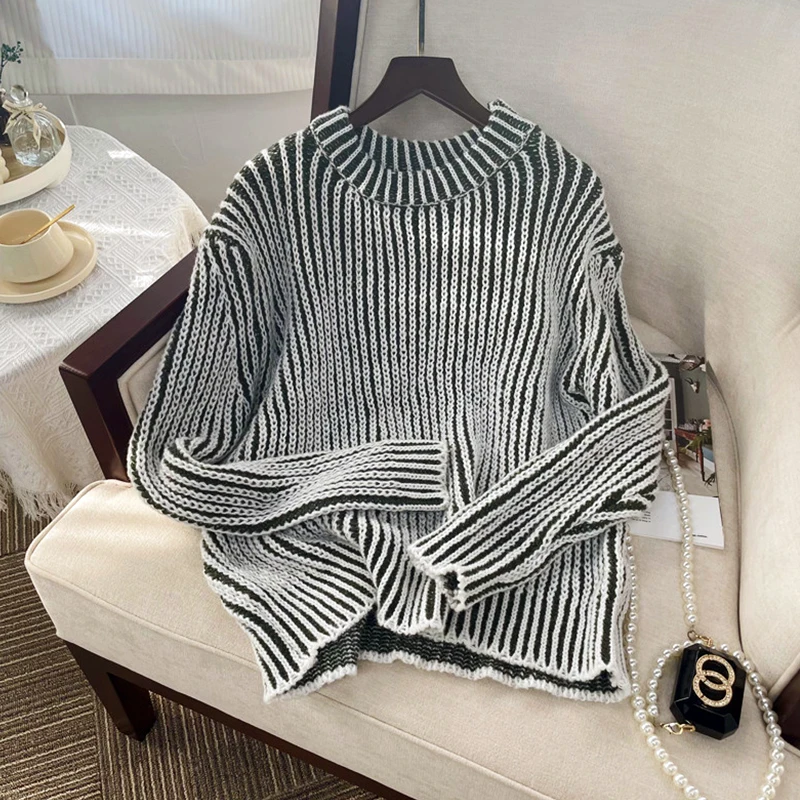 

Women Black White Striped Pullover Tassel Sweater Harajuku Vintage Y2k Warm Thicken Long Sleeves Cashmere Sweaters 2000s Clothes