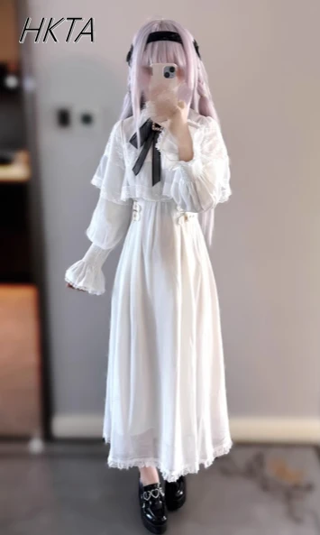

Japanese Mine Cloak Long Dress Shawl Long Sleeve Dress High Waist Slim Fit High Thin Elegant Lace Stitching Rojita Chiffon Dress