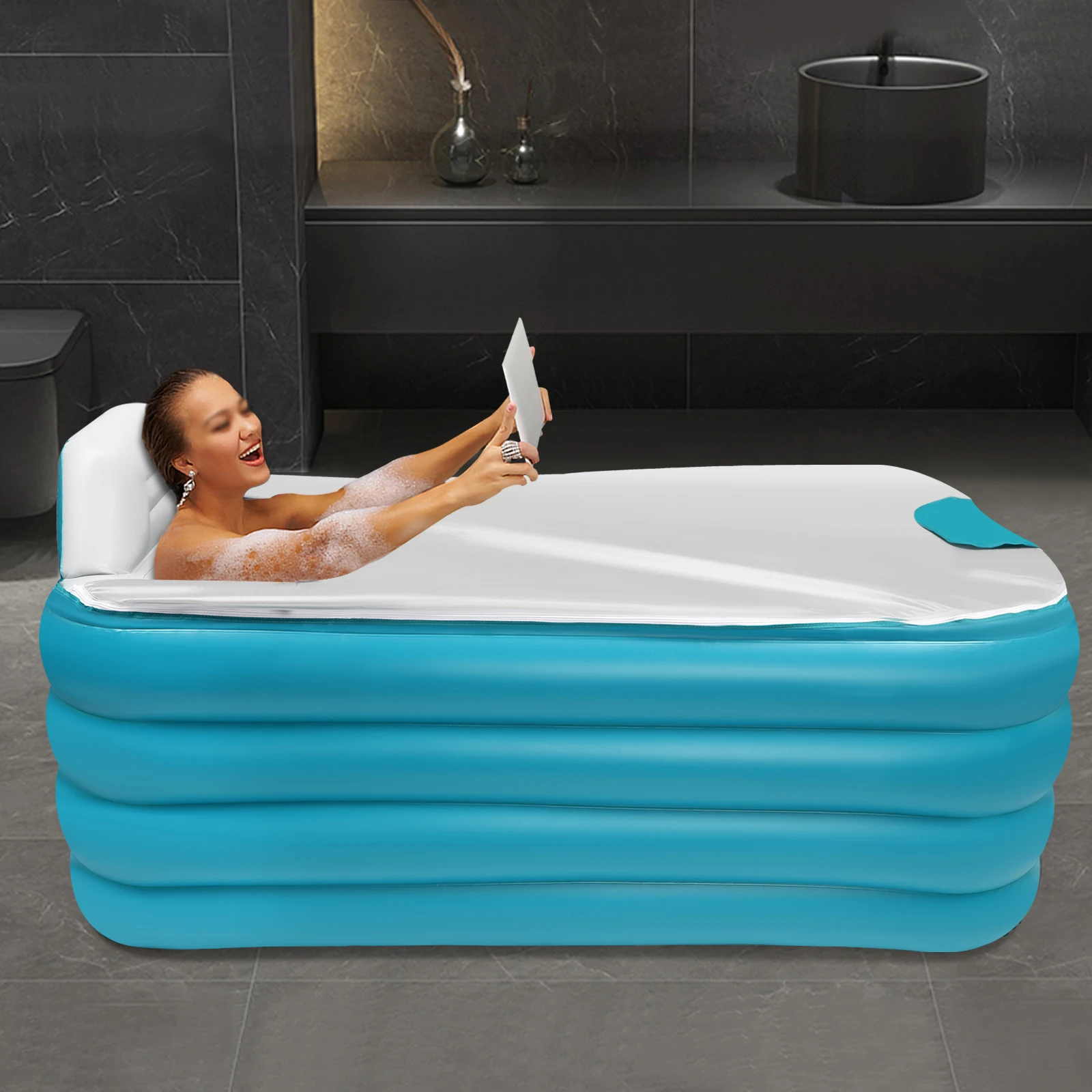 4 Tiers Free-Standing PLA PVC Inflatable Adult Bath Tub Portable Foldable Bathtub Blow Up Travel Bath Pool, Travel Bath Pool