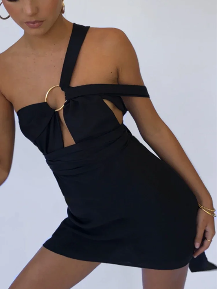 

Cross Bandage with Metal Ring Hollow Out Slim Mini Dress Women Sleeveless Wrap Chest Skinny Evening Dress Club Party Vestidos