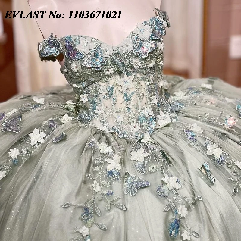 Evlast ชุดเดรส quinceanera ชุดไปงานเต้นรำสีเขียวประกายลูกปัดคริสตัลผีเสื้อ appliques Corset 16 vestidos de XV 15 anos SQ173