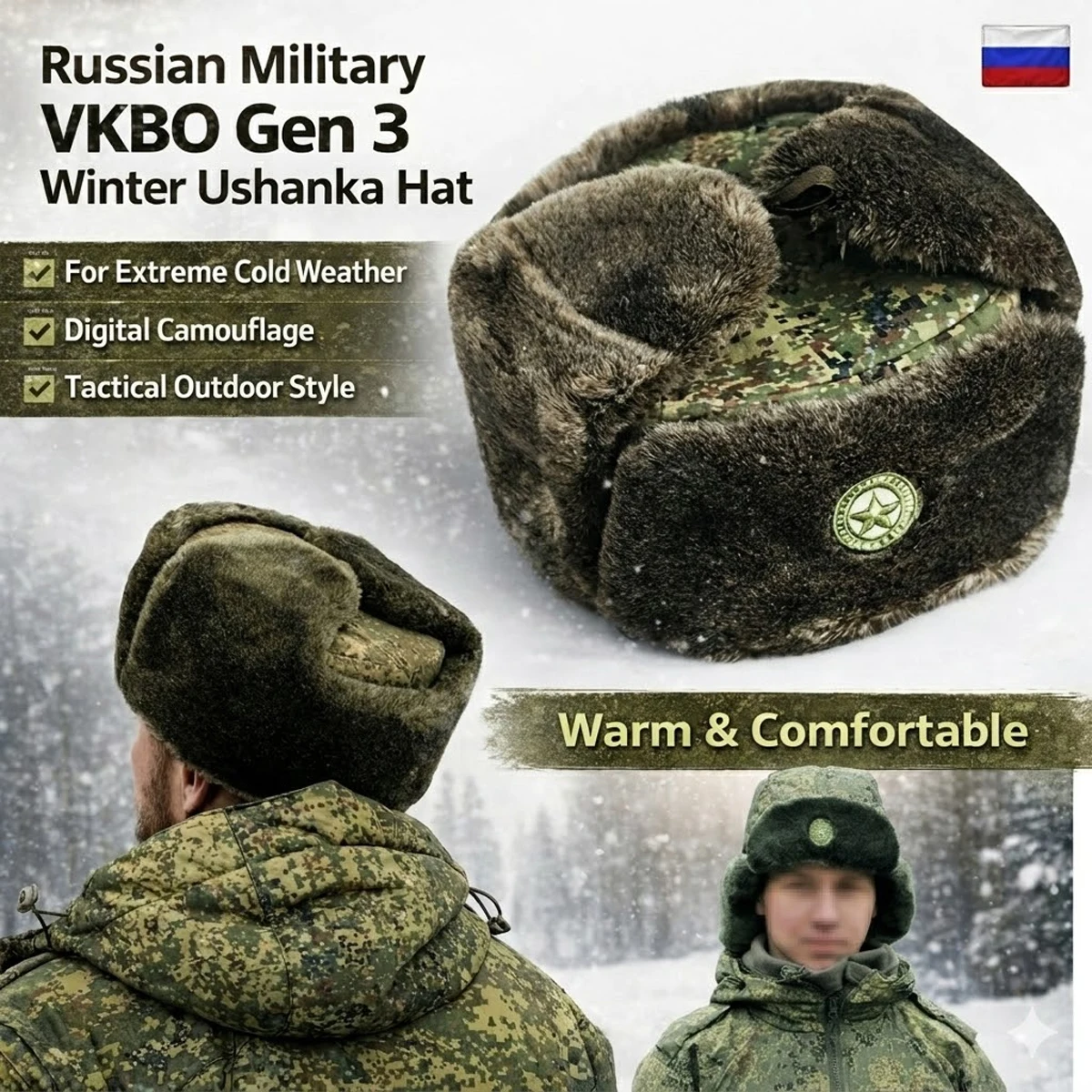 

Russian Military Cold War VKBO Gen 3 Winter Ushanka Trapper Hat EMR Camouflage Thermal Fur Cap for Hunting Outdoor Extreme Cold