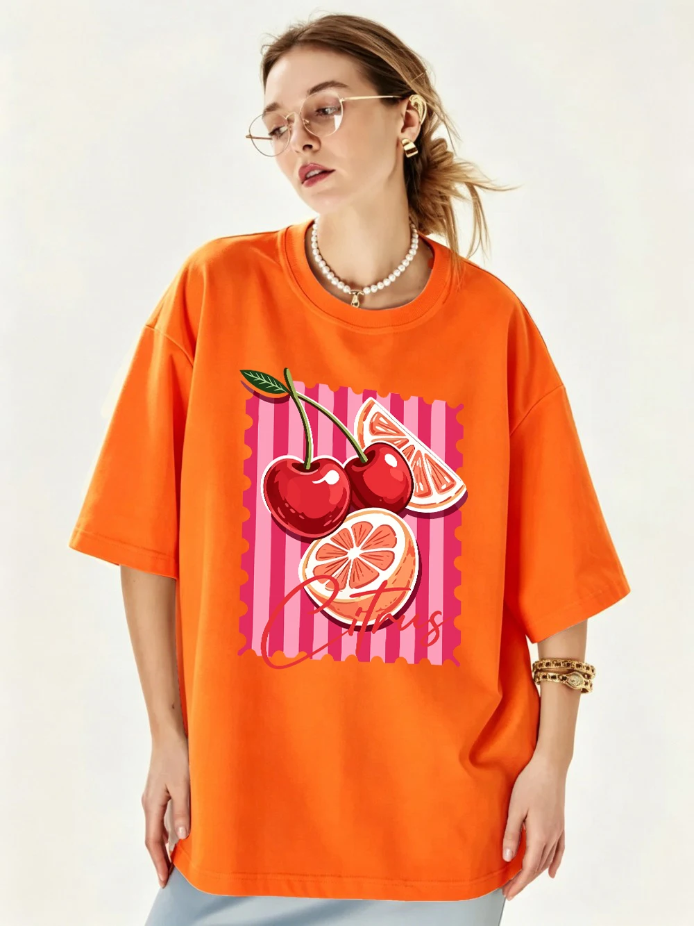 Rote Kirsch-Zitrus-Bedruckte T-Shirts aus Baumwolle für Damen, Sommerliche Oversize-Oberteile, Basic O-Neck Kurzarm-T-Shirts, Lässige Weiche Kleidung – Detail 21