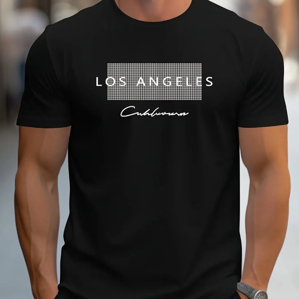 Los Angeles Dot Rectangle Letter Print Men T-Shirt Urban Minimalist Casual Short Sleeve Fashion Crew Neck Streetwear Tee