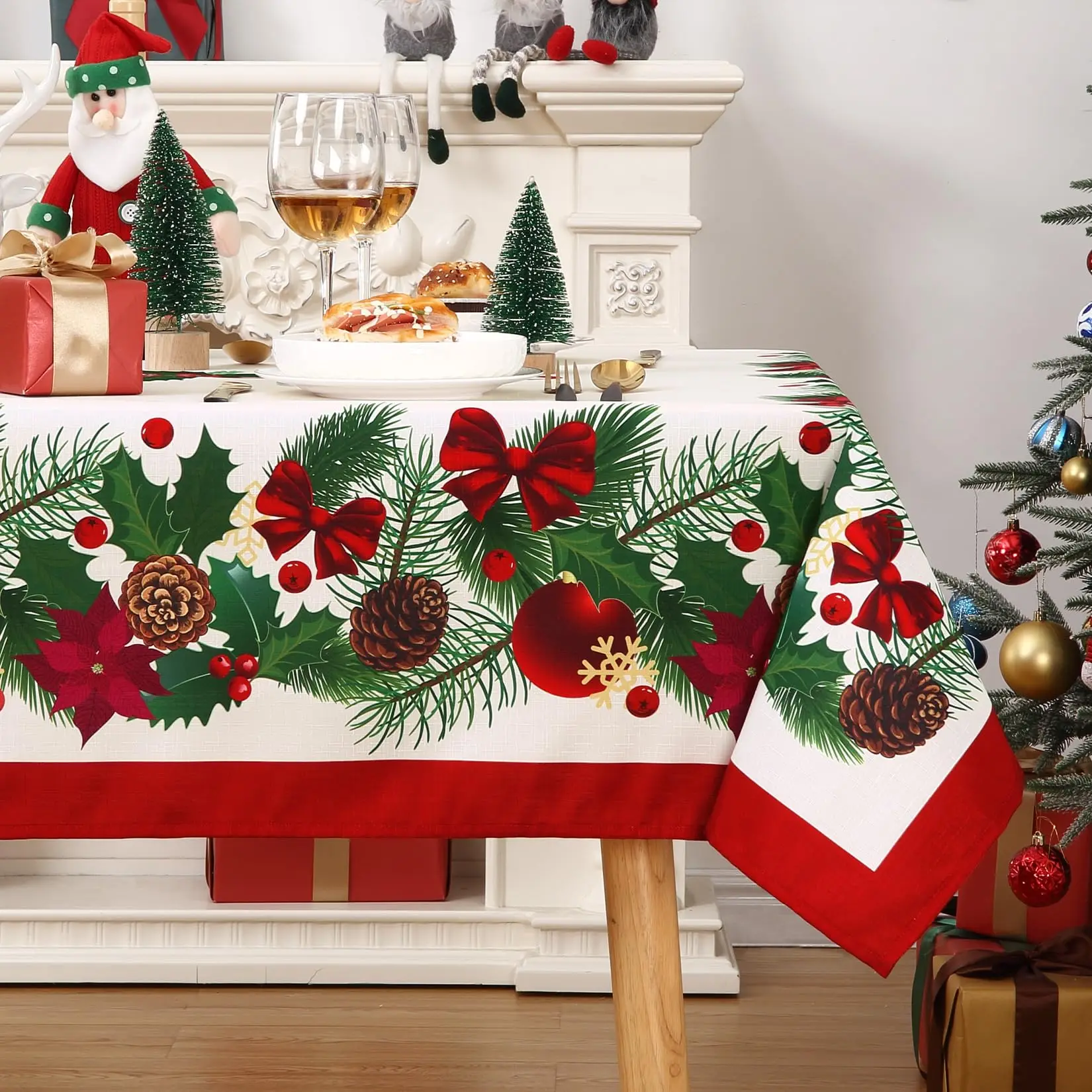 Christmas Tablecloth, Christmas Table Cloths Rectangle 52 x 70 Inch, Winter Greenery Decorations Farmhouse Rustic Party Outdoor