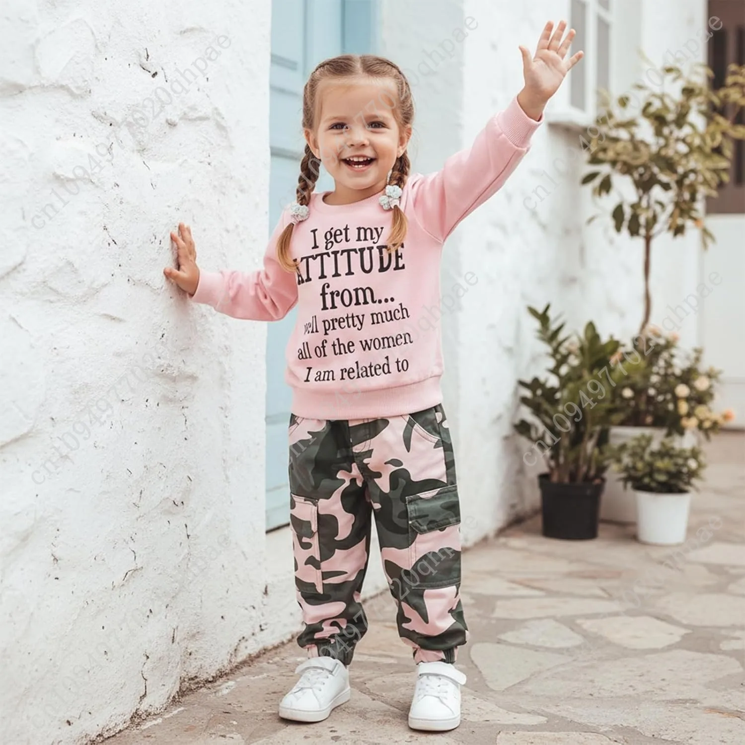 Fernvia طفل الفتيات ملابس 2T 3T 4T 5T الخريف وتتسابق الطفل البلوز البلوز و السراويل المموهة مجموعة الاطفال الشتاء Sweatsuit