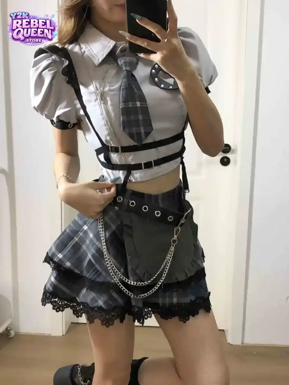 Japanese Vintage Sweet Gothic 2-Piece Set Women Slim Tie Shirt + Lace Plaid Ruffle Mini Skirt Summer Preppy Chic Cosplay Outfits
