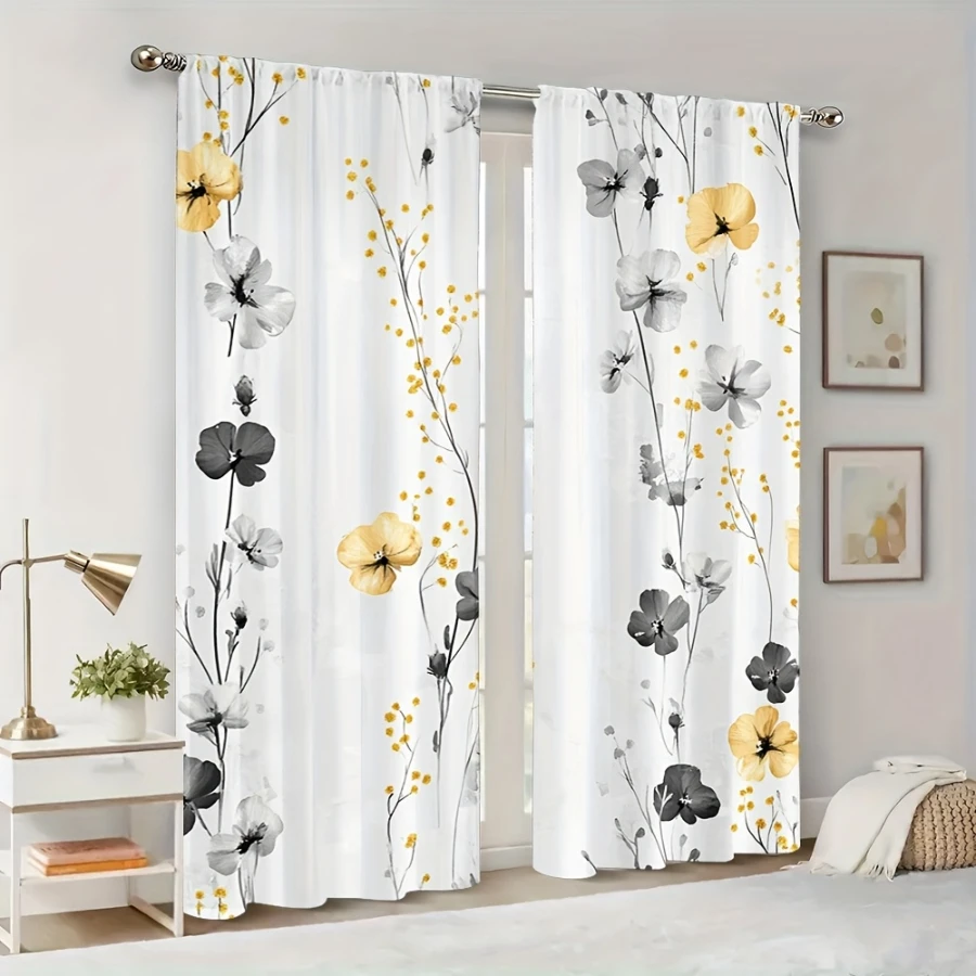 2PCS Digital Printed Curtains, Gray Gold Tiny Flower Subtle Luxury Delicate, Home Decor Style for Living Room Bedroom Decor