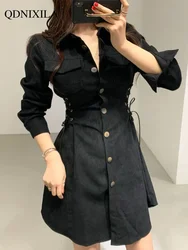 Women's Vintage Lace-up Waist Single-Breasted Shirt Dress, Short Dresses, Women's Clothing, Early Spring,Dresses for Women 2024