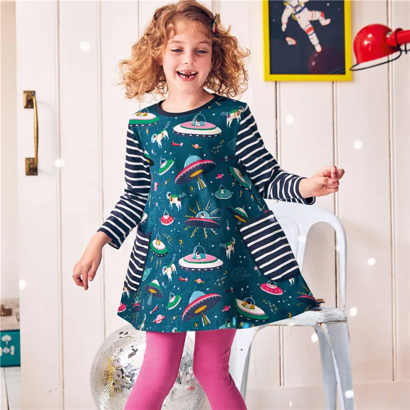 Jumping Meters 2-7T Autumn Spring Space Girls Dresses Long Sleeve Hot Selling Toddler Clothing Pockets Dresses Birthday Gifts