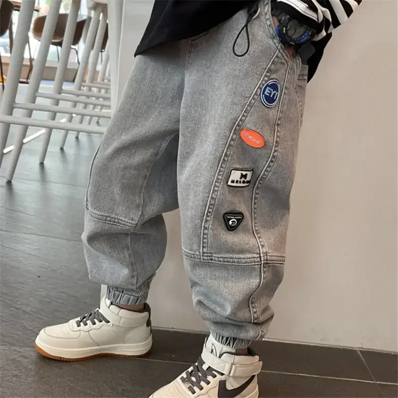 Teen Boys' Jeans 2024 Spring Autumn Mutiple Labels Loose Cuffed Pants Causal Fashionable Korean Elastic Waist 4-12 Years Old