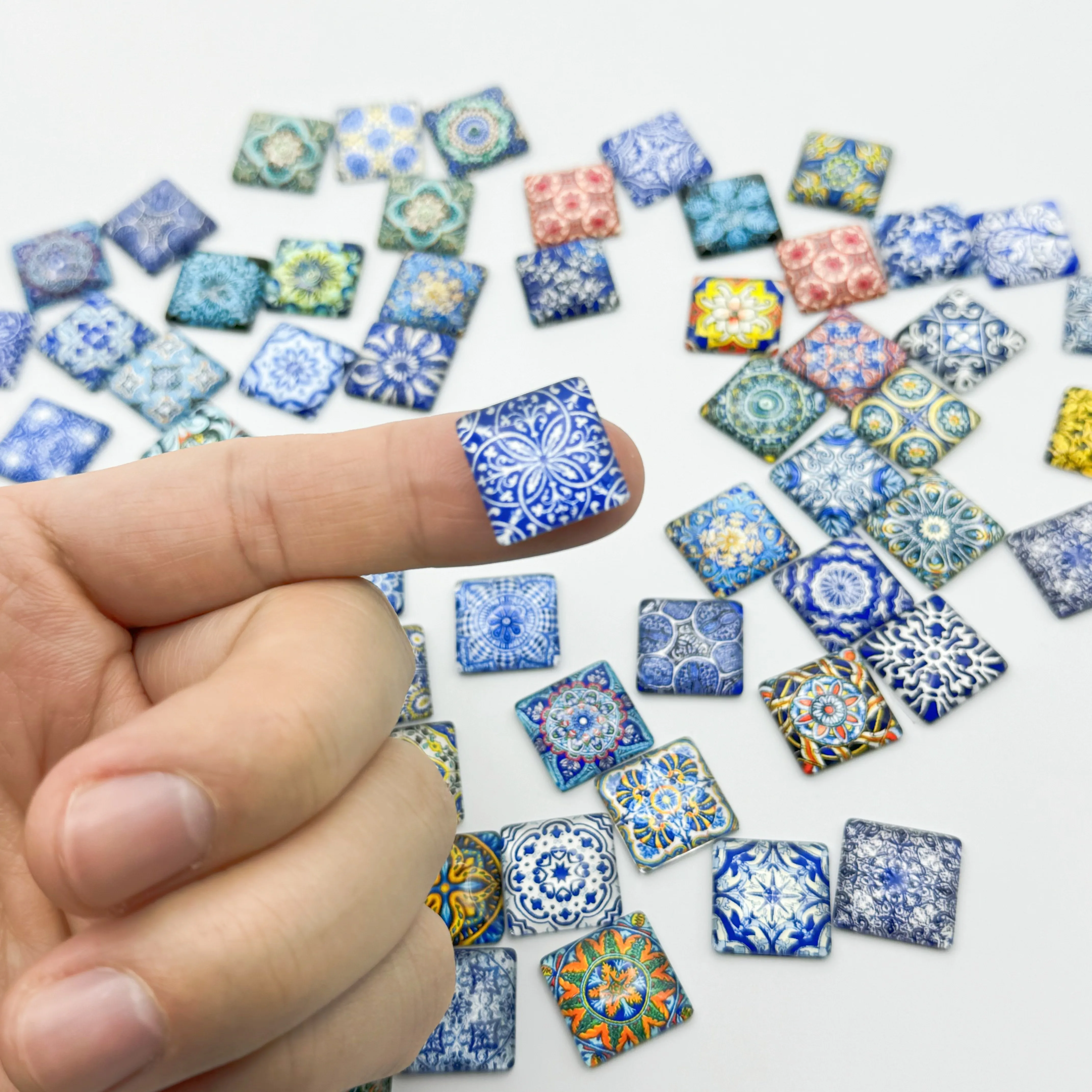 20PCS Blue and White Porcelain Square Convex Crystal Glass Mosaic Stones DIY Handmade Creative Decoration Accessories Stickers ﻿