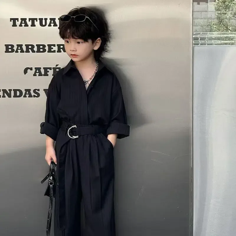 Boys Long Sleeved Black Striped Shirt and Pants Blazer Set Spring and Autumn Korean Kid Casual Children's Handsome Boys Set