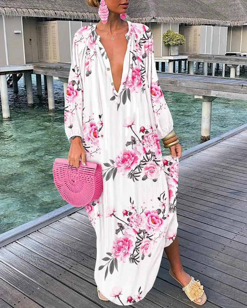 Women Glamorous Print Printing Dress Summer Chic V Neck Long Sleeves Long Dresses Female Casual Holiday Beach Dresses Vestidos