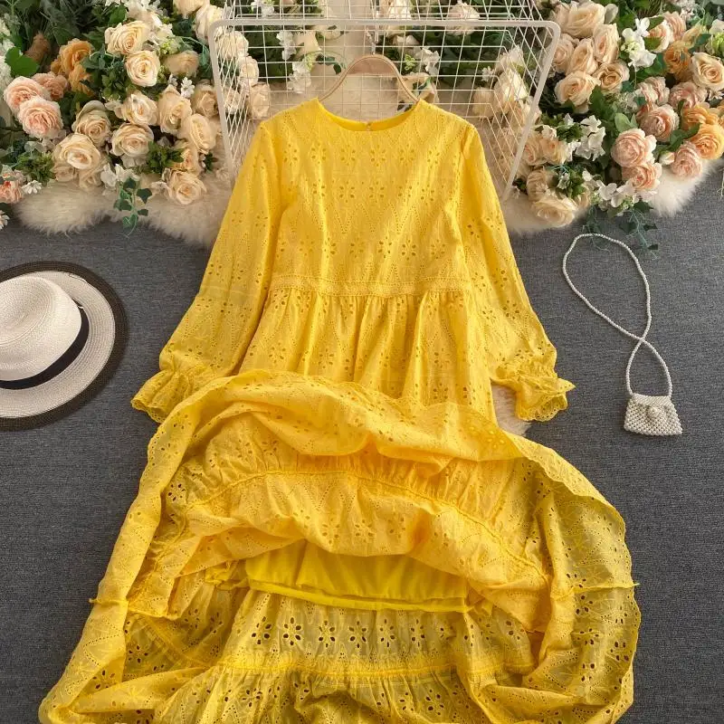 Vestido calado de cuello redondo de talla ande para mujer, estilo coreano, Color puro, falda larga con vibraciones navideña...