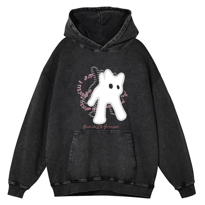 

Trend Womens Acid Wash Hoodies Graffiti-Art Frightened Cat Prints Streetwear Oversize Pocket Cotton Hooded Street Female Clothes