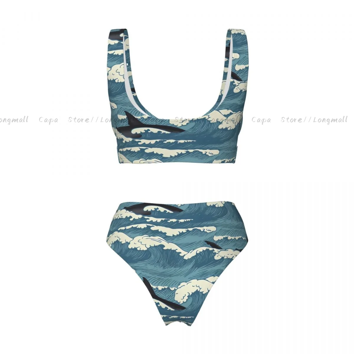 Conjunto de biquíni sexy retrô ondas e tubarões feminino roupa de banho de 2 peças estilo transfronteiriço