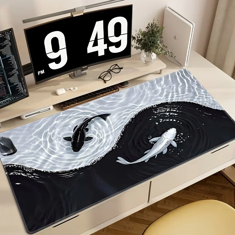 Gaming-Mauspad mit Tai-Chi-Koi-Muster, rutschfeste Gummibasis, präzise genähte Kanten, wasserdichte rechteckige Schreibtischunterlage für Büro und Spiele