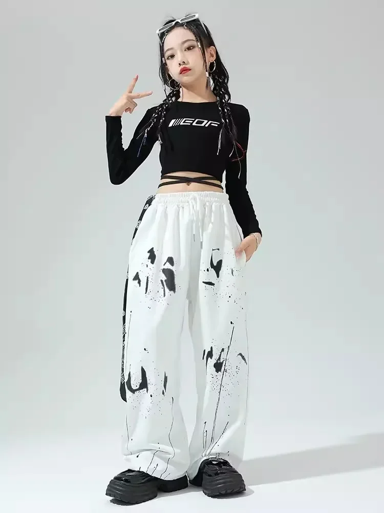 Traje de dança jazz infantil, roupas Hip Hop para meninas, tops de mangas compridas, moletom branco da moda, roupas modernas de dança, 11619