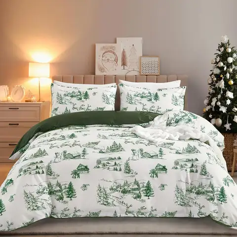 Christmas Duvet Cover Set Green Christmas Tree Snowman Village Duvet Cover Soft Microfiber Bedding Set,King Size 220x230cm