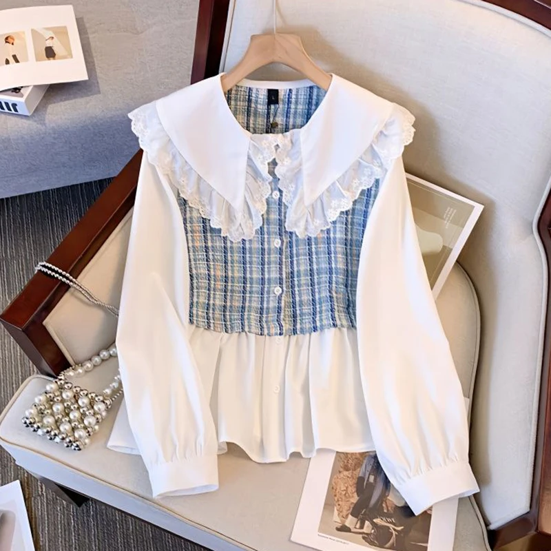 

Women Fashion Plaid Shirt Fall Long Sleeve Fake Two Pieces Patchwork Sweet Blouse Peter Pan Collar Folds Loose Casual Cute Tops