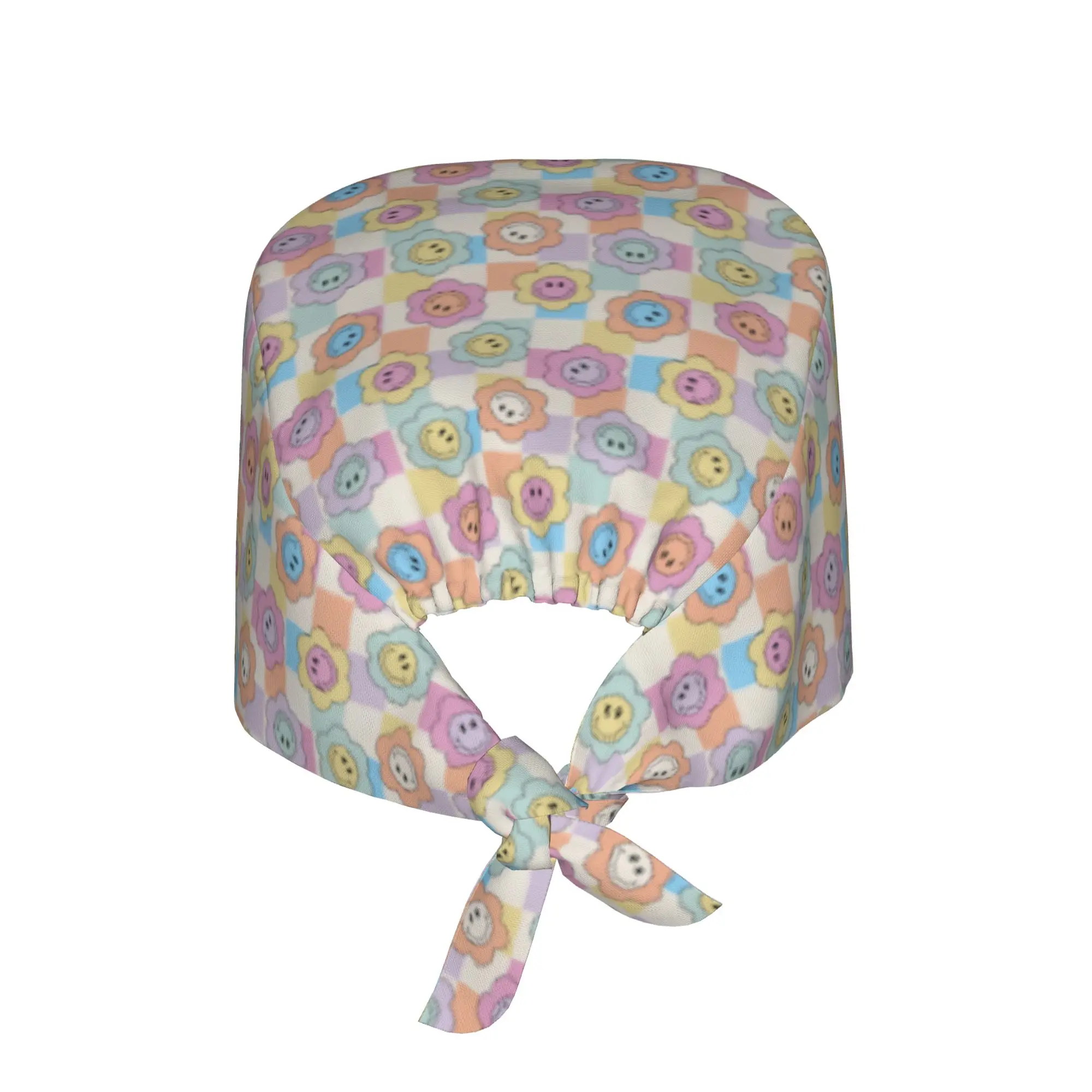 Adjustable Happy Face Daisies  Working Hat Women Men Checker Colorful   Surgical Hat Scrub Nursing Doctor Surgeon Cap for Chef