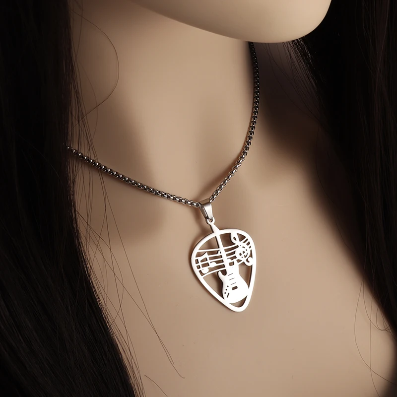 Delicate Stainless Steel Cutout Guitar Pick Bass Note Necklace for Music Lovers Pendant Punk Jewelry for Men and Women