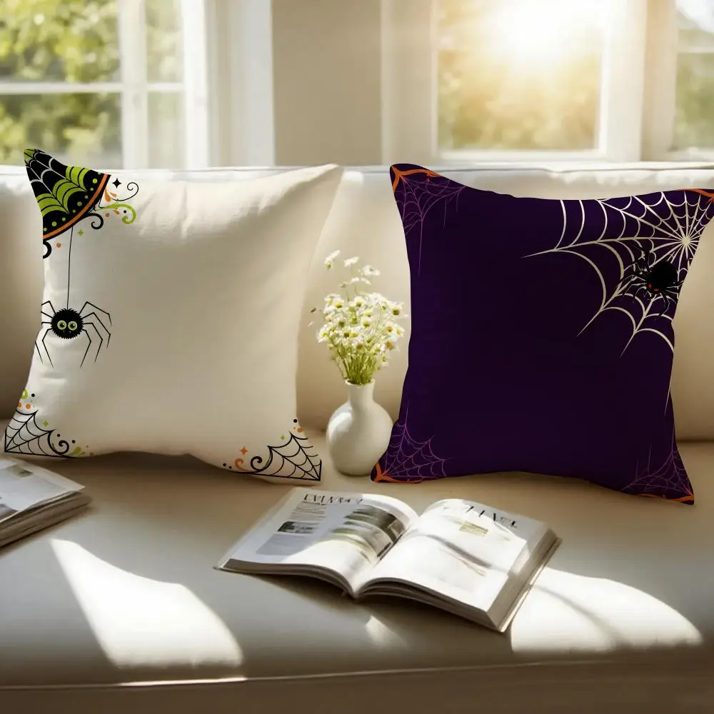 Halloween Spider Web and Spider Cushion Cover Pillowcase Anti-dustmite Invisible Zipper Short Plush Sofa Cushion