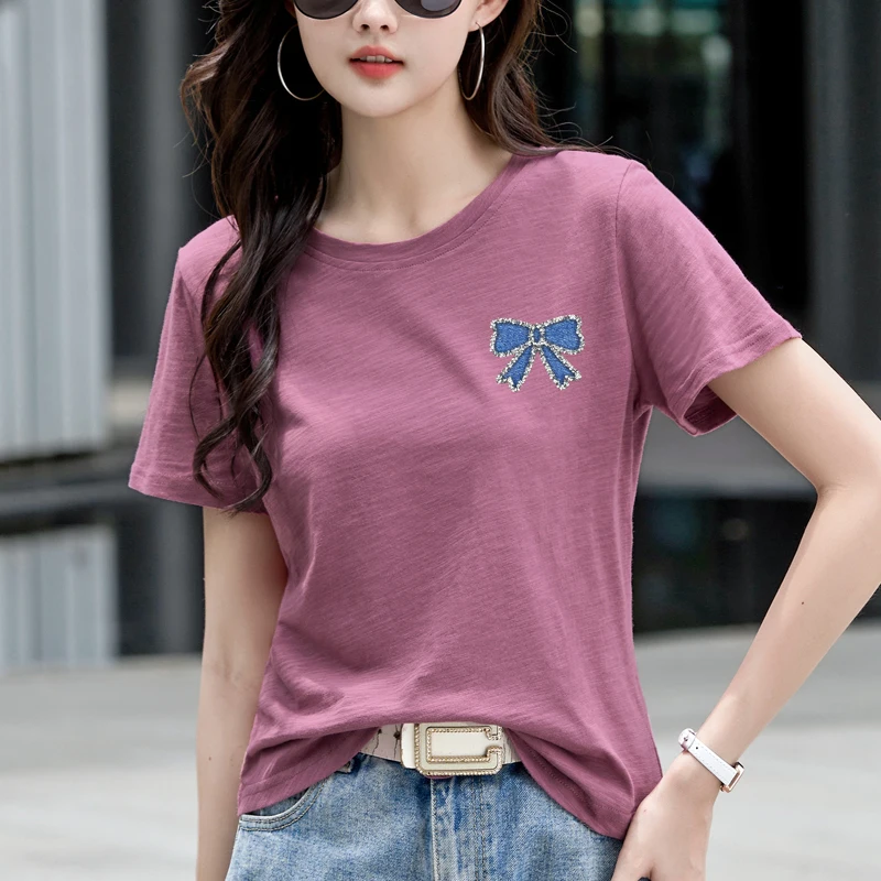 AOSSVIAO جديد جودة عالية القوس تي شيرت مطبوع القطن الخالص قصيرة الأكمام طاقم الرقبة القمم لينة مريحة أنيقة المرأة تي شيرت #1