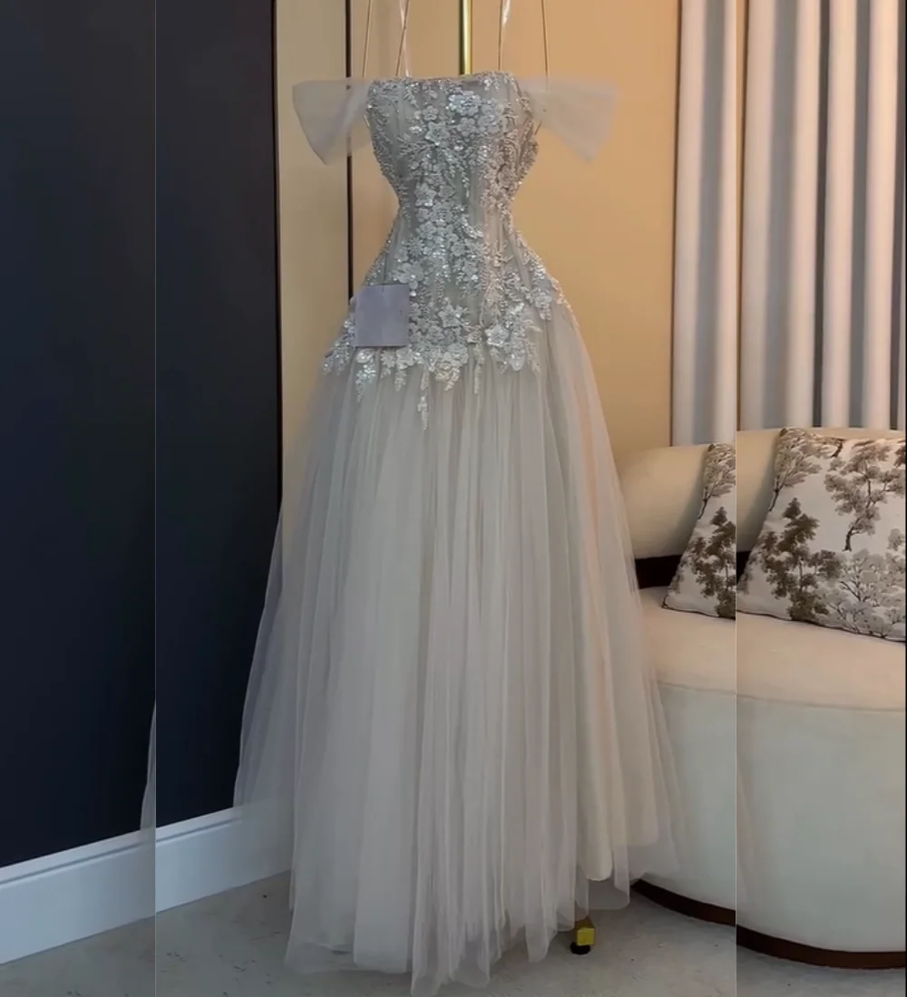 Customized Sparkle Tulle Pleat Sequined Flower A-line Off-the-shoulder Long Bespoke Occasion Prom Dresses High Quality