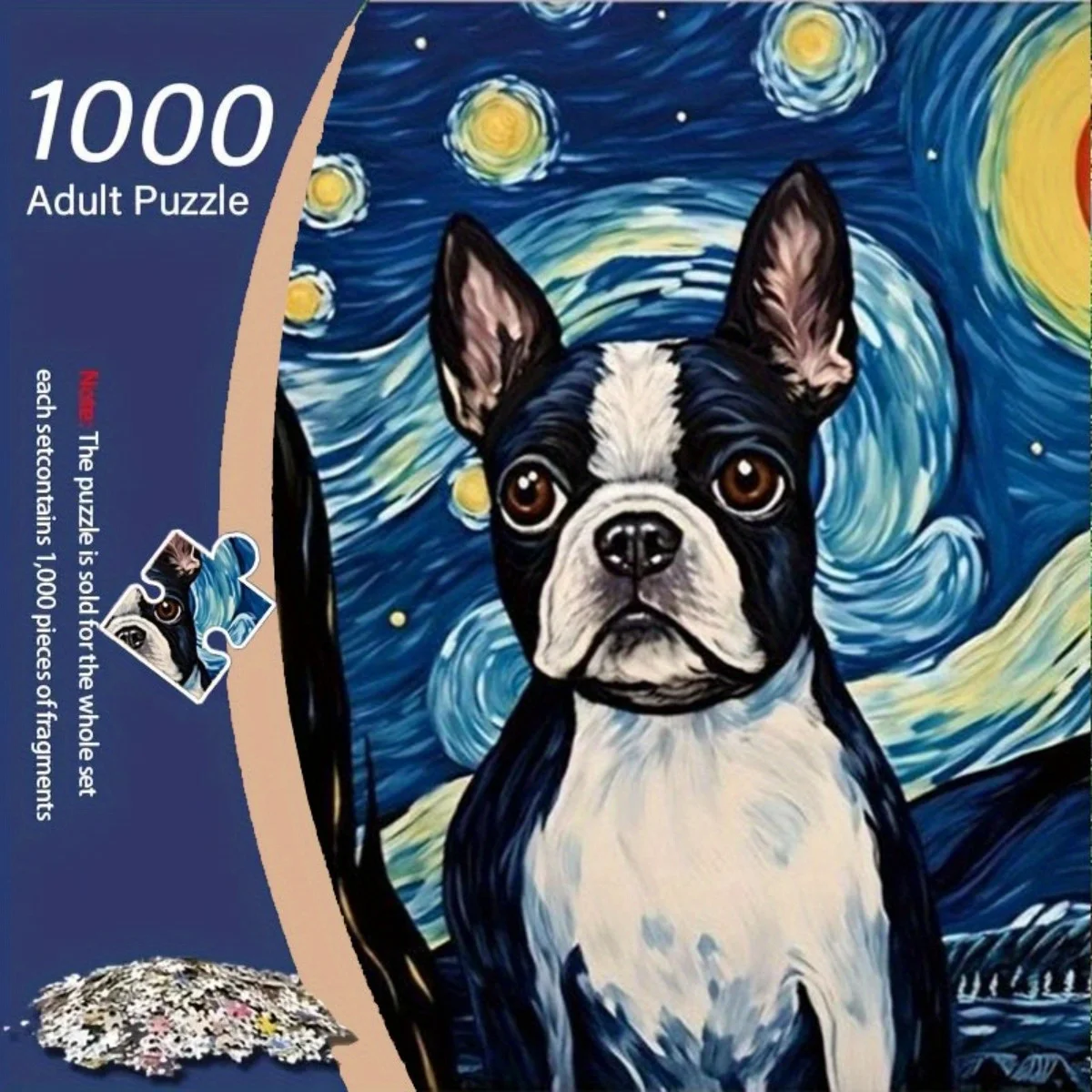 Grote puzzel voor volwassenen - 1000 stuks met een Boston Terrier in een sterrennachtkunstwerk - Boeiende familie-uitdagingspuzzel