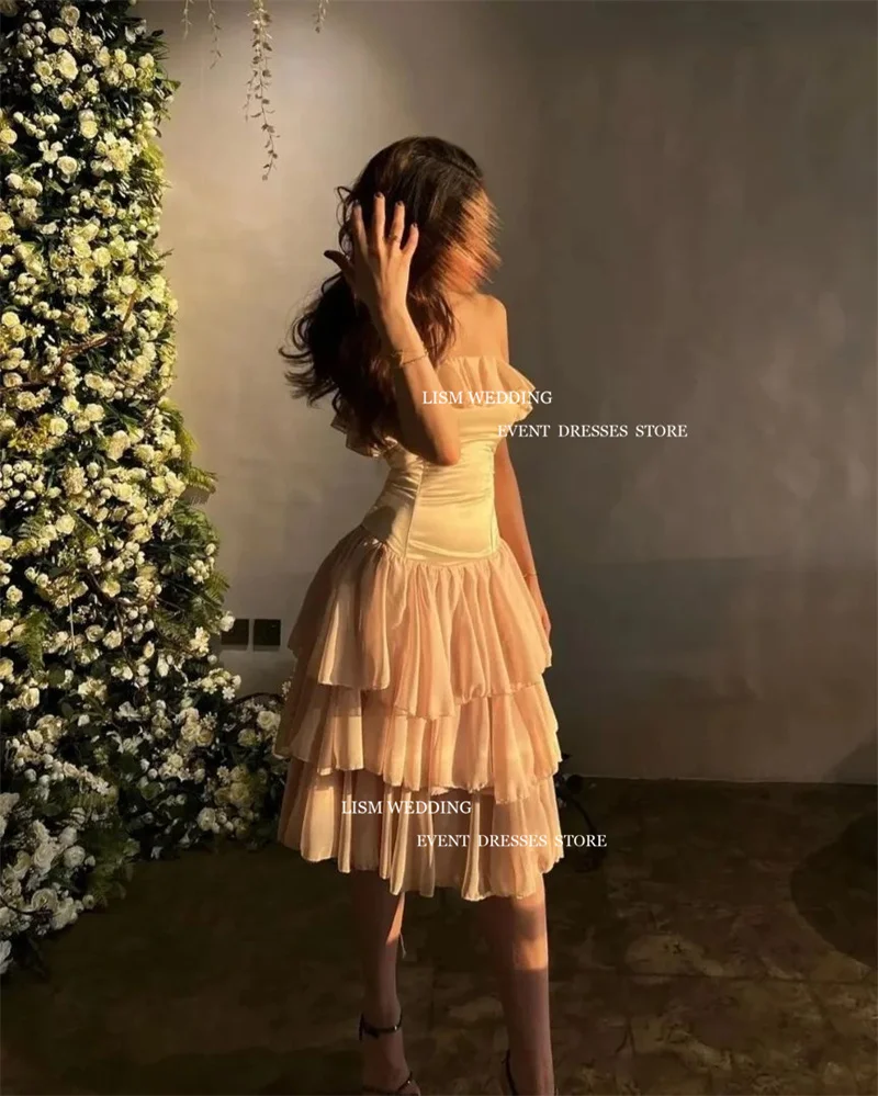 LISM Simle Pink Chiffon A-Line Evening Party Dresses Strapless Tiered Ruffles Corset Back Knee Length Formal Party Dress Event