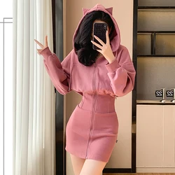 Korean Fashion Hoodie Dress Women Autumn Winter Long Sleeve Cat Ear Mini Dress Bodycon Dress Vestidos