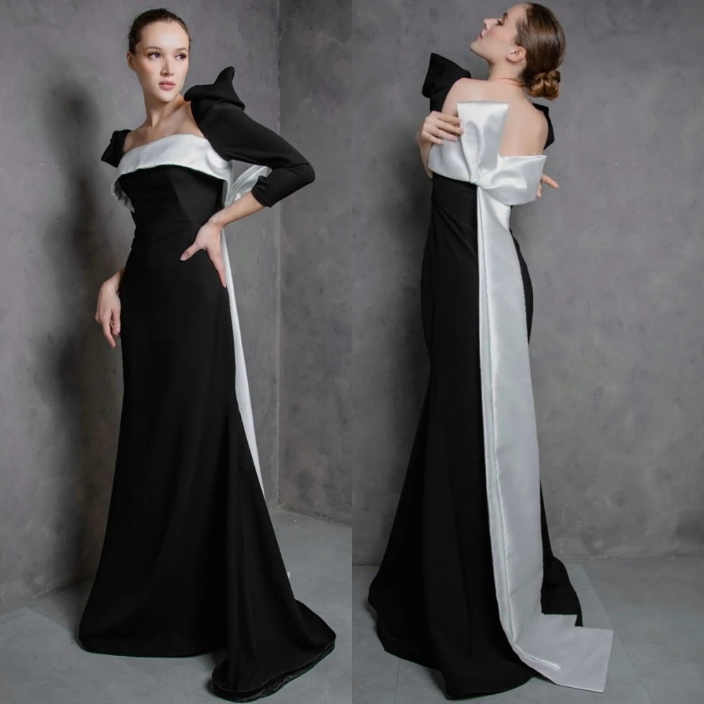 

Customized Fashion Satin Contrast Color Evening Dress Delicate Long Sleeves Prom Dresses Delicate Bow Special Occasion Gowns