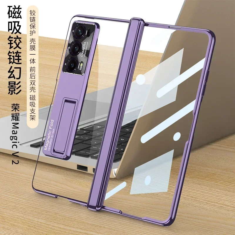 Cases For Honor Magic V2 Phone Case Electroplated Transparent Magnetic Hinge Bracket MagicV2 Protective Cover