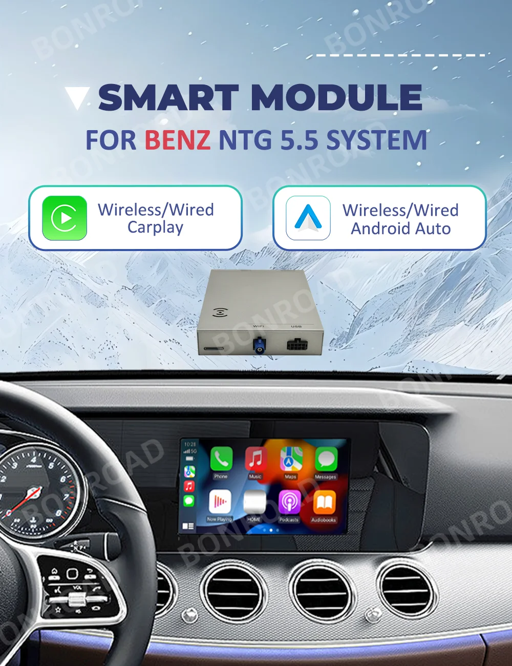 BONROAD Wireless CarPlay Android Auto Interface Smart Modul für Benz E W213 NTG 5.5 mit AirPlay Bluetooth Mirror Link Adapter – Detail 1