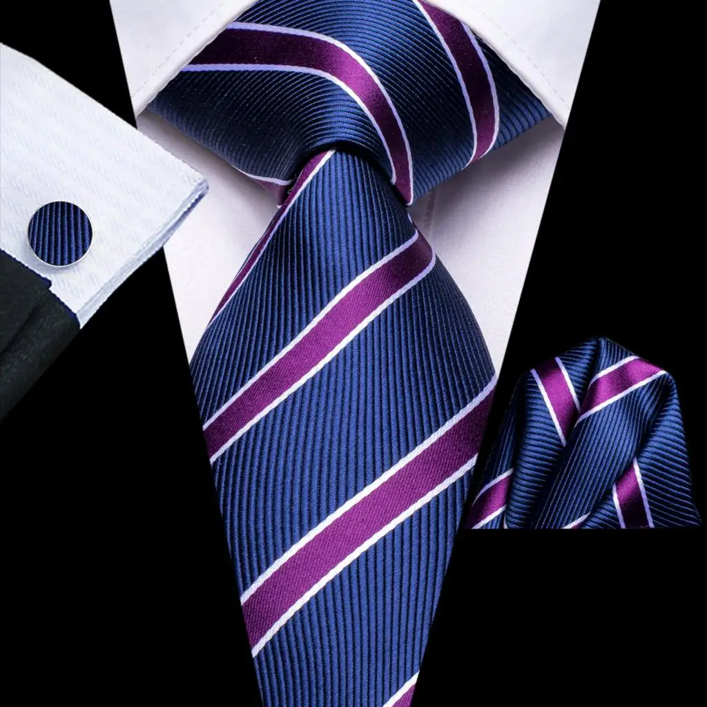 Striped Navy Blue Purple 2022 New Fashion Brand Ties for Men Wedding Party Necktie Set Handky Cufflinks Gift Wholesale Hi-Tie