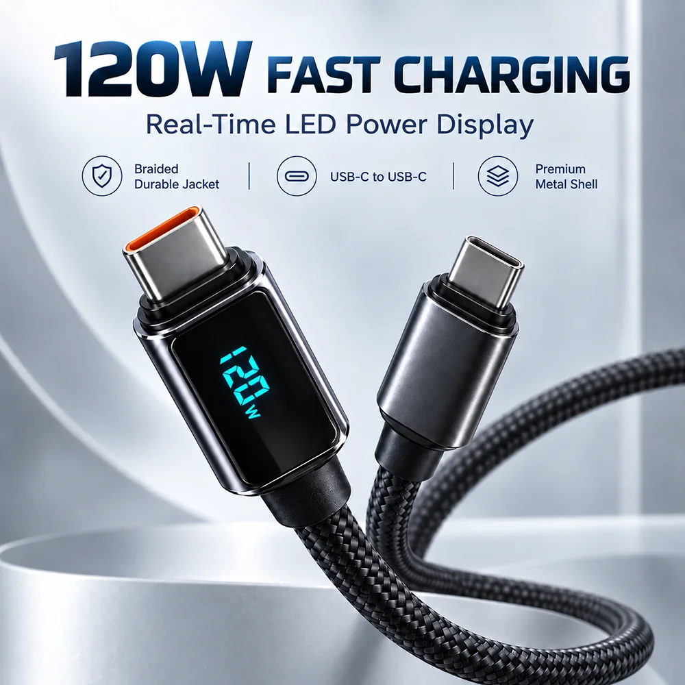 120W USB A to Type C Cable LED Display Fast Charging Nylon Braided Data Sync Wire For Samsung Xiaomi Phone Tablet Laptop