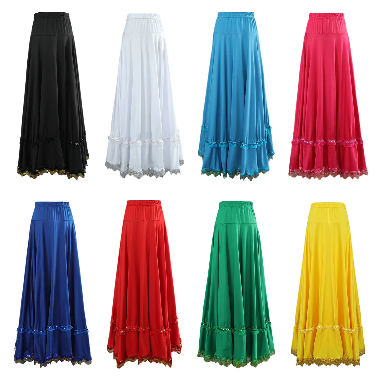 

Professional Ballroom Dance Skirt for Womens High Waist Full Circle Cut with Romantic Lace Details for Stage Performances