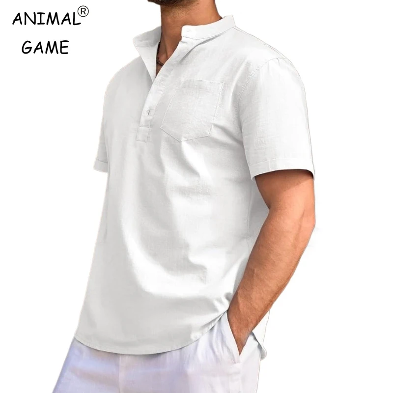 

Summer Men Casual Henley Shirt Short Sleeve Basic T Shirt Cotton Pocket Soild Button Tee Top Beach Lightweight Shirt