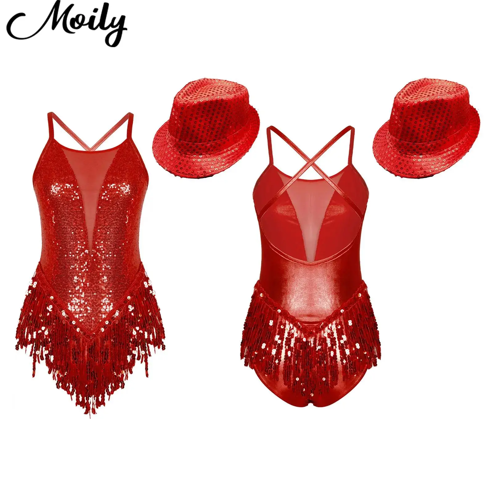 

Womens Jazz Latin Samba Cha-cha Dance Outfit Performance Costume Set Spaghetti Straps Sparkling Sequins Fringed Leotard with Hat