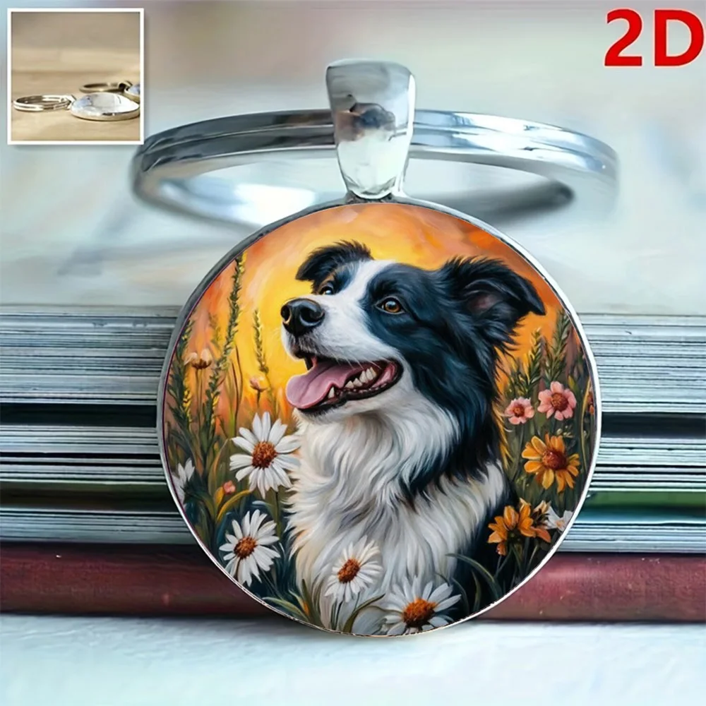 Cute border collie Dog Pattern Glass Textured Jewelry Keychain is suitable for friends, family and daily dog Lovers as Gifts