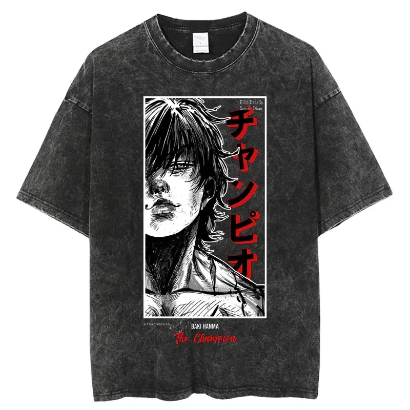 Baki Print Vintage Cotton Tees for Men Women Summer Casual Oversized T-Shirt Tees Gym Workout Training Short Sleeve Tops Outfits