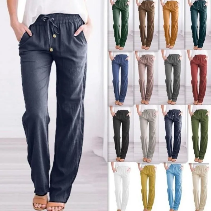 Spring Summer Cotton Linen Drawstring Wide Leg Pants Women's Loose Casual Trousers